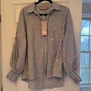 White Closet Striped Button-Up Blouse with Pink Heart Embroidery